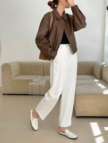 DAZY Drop Shoulder Zip Up PU Jacket - Brown - View 5