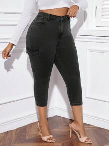 SHEIN Cộng với quần jean skinny có túi nắp lưng cao - Xám - Xem 4