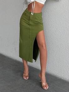 Cottnline 高衩牛仔半身裙