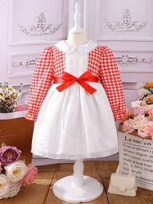 SHEIN 女小童千鳥格印花彼得潘領喇叭袖繫腰帶洋裝 - 彩色 - 查看 1