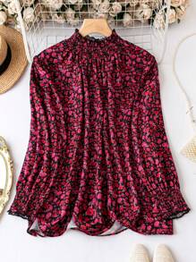 SHEIN LUNE Plus Ditsy Floral Print Flounce Sleeve Blouse - Red - View 1