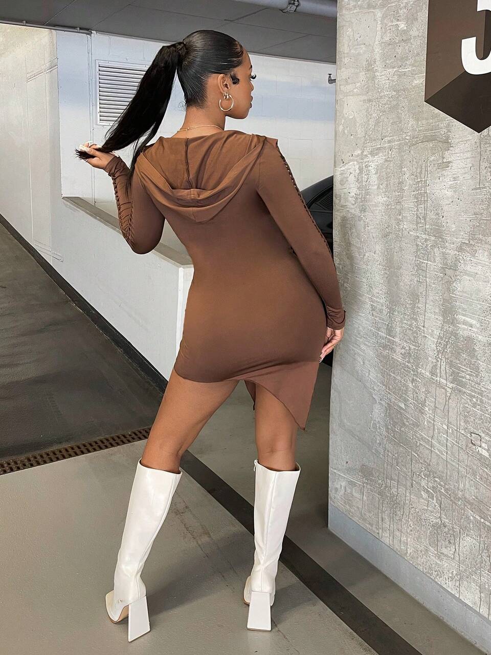 Solid Asymmetrical Hem Bodycon Dress