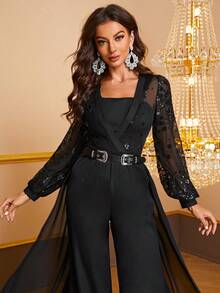 YISIKADO 亮片拼接燈籠袖網紗覆蓋腰帶連身褲 - 黑色 - 查看 4