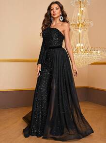 YISIKADO One Shoulder Mesh Overlay Sequin Elegant Long Sleeve Jumpsuit - Black - View 4