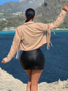 SHEIN SXY 流蘇飾邊開襟短款夾克 - 杏色 - 查看 2