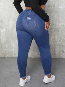 SHEIN SXY Dragsko Sömnlös Nederkant Rev Enkel Plus Size Jeans - Mörktvätt - Visa 2