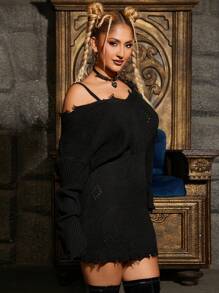 SHEIN SXY Chất rắn Đau khổ Cắt tỉa Đầm Áo len - màu đen - Xem 4