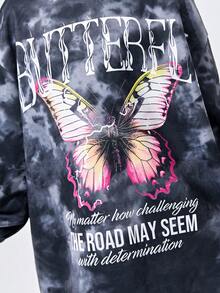 SHEIN Tween Girl Tie Dye Butterfly & Slogan Graphic Drop Shoulder Sweatshirt Dress - Black - View 6