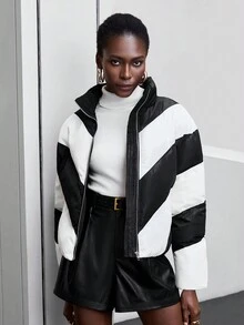 Maija 拼色拉链衬垫大衣 - 黑與白 - 查看 8