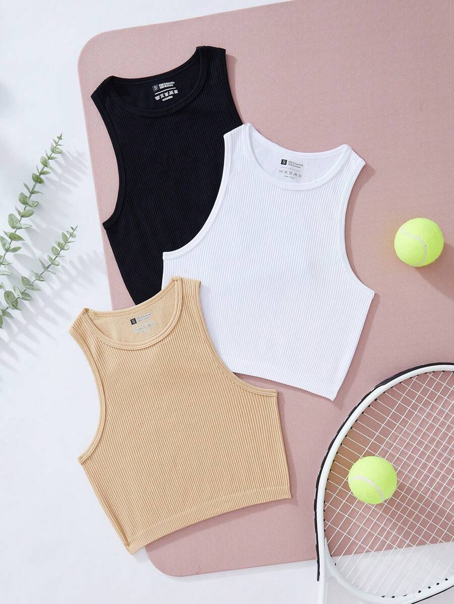Easithlete 3入組實色條紋針織運動背心，女子網球套裝