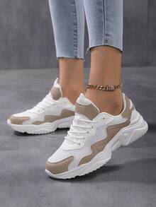 女式厚底運動鞋增高休閒運動鞋，四季皆宜 - 卡其色 - 查看 4