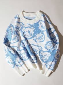 SHEIN Unity Jersey con patrón de oso de hombros caídos - Azul - Ver 1