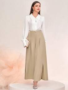Modelyn Split Thigh Wide Leg Pants - Khaki - View 6