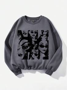 SHEIN EZwear 休閒字樣印花加厚圓領女裝寬鬆毛衣，適用於秋冬季節 - 深灰色 - 查看 1