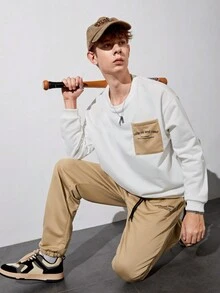 男大童標語圖案翻蓋口袋套頭衫和腰部抽繩長褲 - 白色 - 查看 3