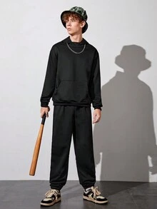 青少年男孩素色袋鼠口袋衛衣和衛褲 - 黑色 - 查看 5