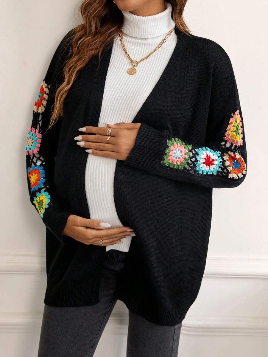 SHEIN Maternity Floral Crochet Open Front Drop Shoulder Cardigan, For Winter - Black - View 1