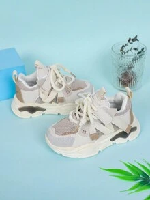 鞋帶、魔術貼固定,編織裝飾,拼接色塊粗底運動鞋,校園風格 - 棕色 - 查看 9