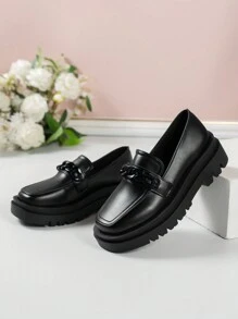 女式粗跟樂福鞋，方頭一腳蹬厚底運動鞋，英倫風格復古 PU 皮革瑪麗珍鞋，適合工作、辦公室、通勤 - 黑色 - 查看 4