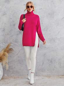 EURMUSE Áo len cổ lọ xẻ vai trễ vai - Màu Hồng Tươi - Xem 4