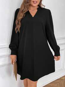 SHEIN Frenchy Plus Button Back Lantern Sleeve Dress - Black - View 4