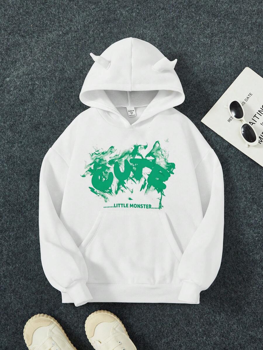 SHEIN Sudadera con bolsillo canguro y diseño de oreja 3D con gráfico de letras para niña preadolescente - Blanco - Ver 1