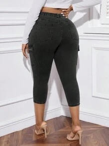 SHEIN Cộng với quần jean skinny có túi nắp lưng cao - Xám - Xem 2