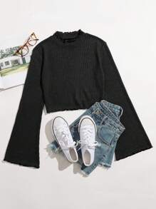 SHEIN EZwear 荷葉邊袖褶邊T恤 - 黑色 - 查看 1