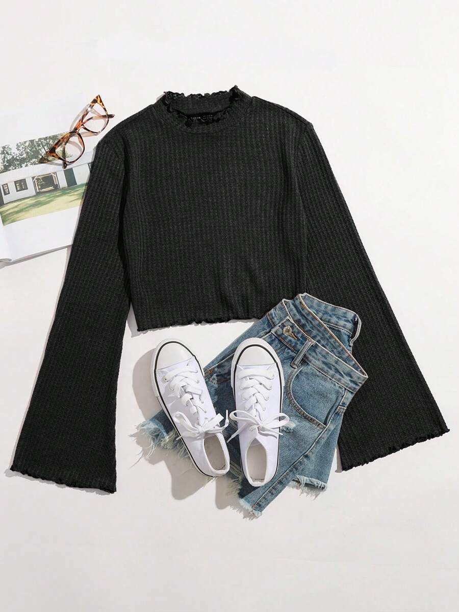 SHEIN EZwear 荷葉邊袖褶邊T恤 - 黑色 - 查看 1