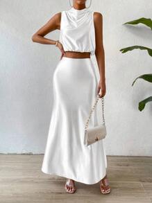 Chiquease Solid Crop Tank Top & Mermaid Hem Skirt - White - View 3