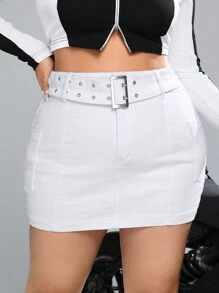 SHEIN EZwear Plus High Waist Belted Bodycon Denim Skirt - White - View 1