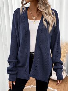 SHEIN LUNE Áo khoác cardigan thiết kế giản dị thả vai - Xanh đậm - Xem 6