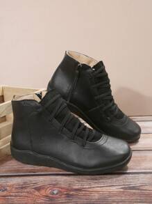 Retro Flat Non-slip Soft Bottom Casual Cross Elastic Band Side Zipper Boots - Black - View 4