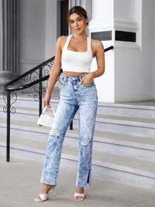 SHEIN Essnce 高腰破洞喇叭牛仔褲 - 淺色水洗藍 - 查看 4