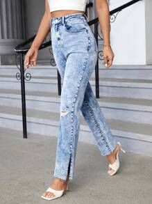 SHEIN Essnce 高腰破洞喇叭牛仔褲 - 淺色水洗藍 - 查看 5