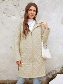 Zip Up Hooded Quilted Coat - Beige - View 5