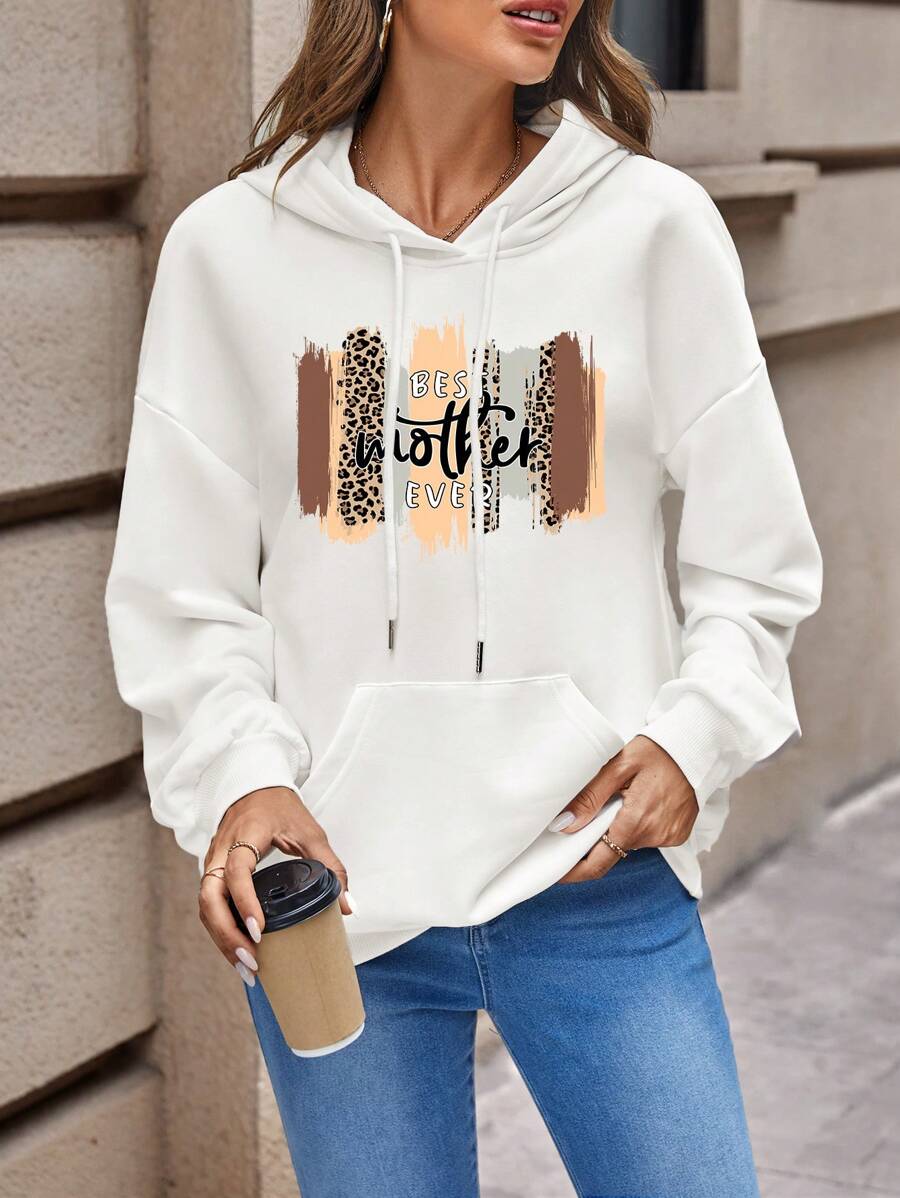 SHEIN LUNE Sudadera con capucha con cordón y bolsillo de canguro con estampado de letra - Blanco - Ver 1