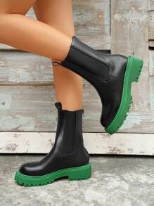 Giày bốt Chelsea đế xuồng màu tương phản thời trang nữ, giày bốt cổ ngắn đế dày có răng, chất liệu da, phong cách đường phố, phù hợp với mọi mùa - màu xanh lá - Xem 6