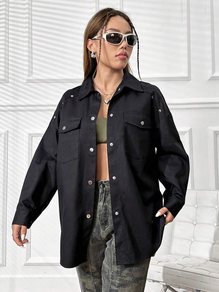 Flap Pocket Drop Shoulder Button Front Coat