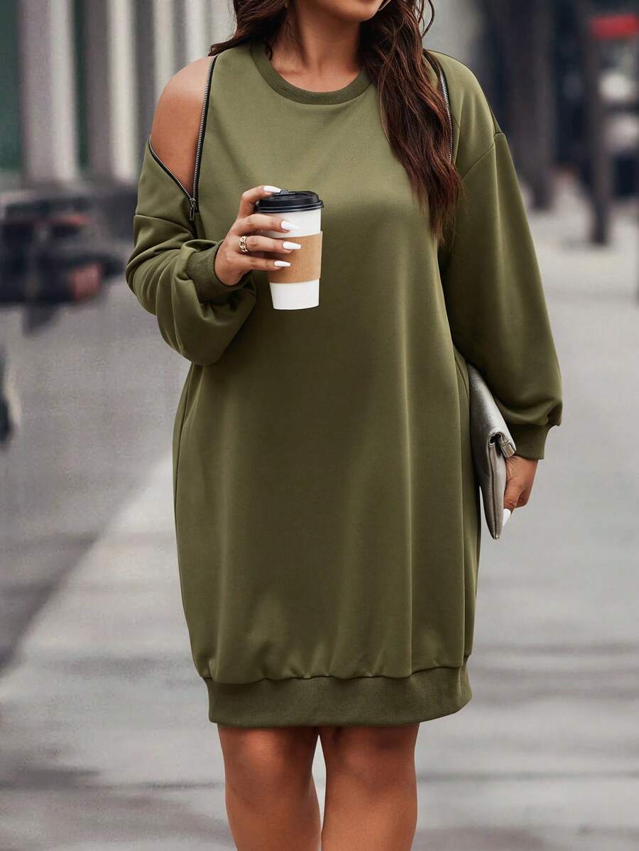 Calvaya Plus Zip Detail Cold Shoulder Sweatshirt Dress - Army Green - View 1