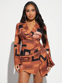 SHEIN SXY Geo Print Ruched Split Hem Dress - Multicolor - View 5