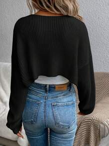 SHEIN Essnce 秋冬开襟短款开衫 - 黑色 - 查看 2