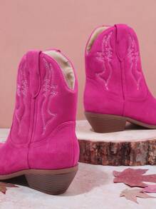 SHUZIA Embroidery Detail Slip On Western Boots - Red Violet - View 4