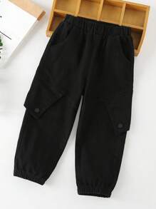 Young Boy Flap Detail Elastic Waist Jogger Pants - Black - View 1