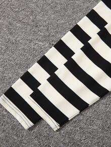 青少年女孩條紋印花落肩T恤 - 黑與白 - 查看 6