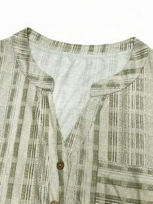 大碼條紋印花半排扣T恤 - 綠色 - 查看 3