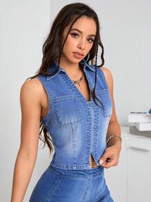 SHEIN EZwear Đã vá Túi Denim Áo ba lỗ - Màu xanh lam - Xem 3