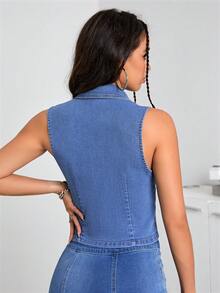 SHEIN EZwear Đã vá Túi Denim Áo ba lỗ - Màu xanh lam - Xem 2