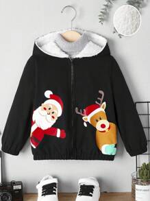 SHEIN Kleiner Junge 1 Stück Jacke mit Weihnachtsmuster, Teddy Futter, Kapuze, - Schwarz - Übersicht 2