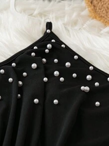 SHEIN Clasi Plus Pearls Beaded One Shoulder Twist Front Wrap Hem Dress